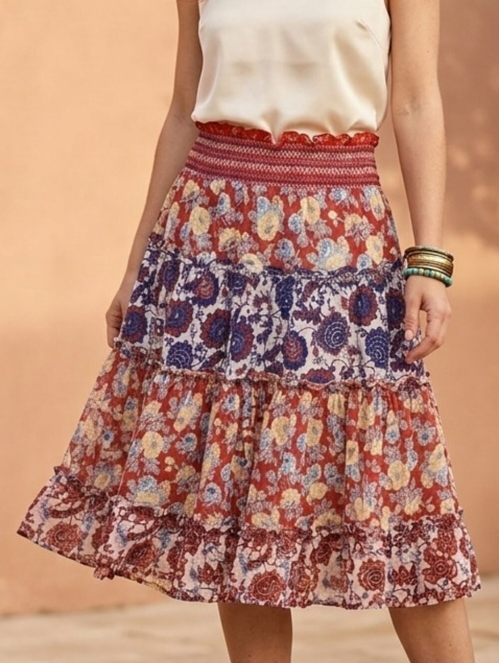 BOHEMIAN Tiered Floral Print Flowy Swing Skirt, Frida Kahlo Vibes, Size Small - Picture 2 of 12